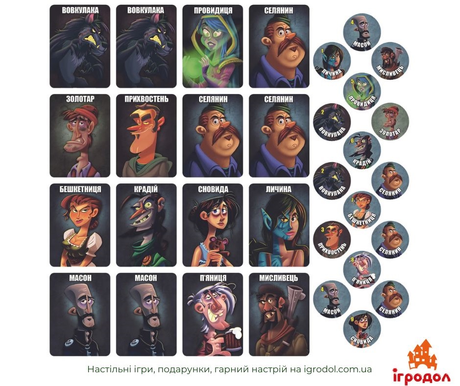 Гра One Night Ultimate Werewolf UA | Ігродол Настільна Гра One Night Ultimate Werewolf - зображення компонентів українського видання