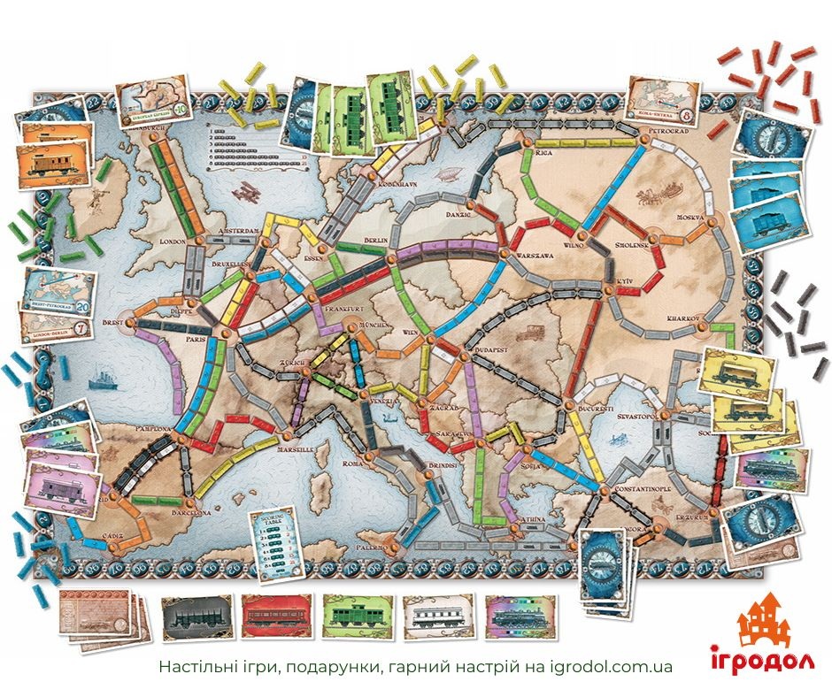 Настольная игра Ticket to Ride: Europe (на английском) | Игродол Настольная игра Ticket to Ride: Europe (на английском) - изображение игровых компонентов