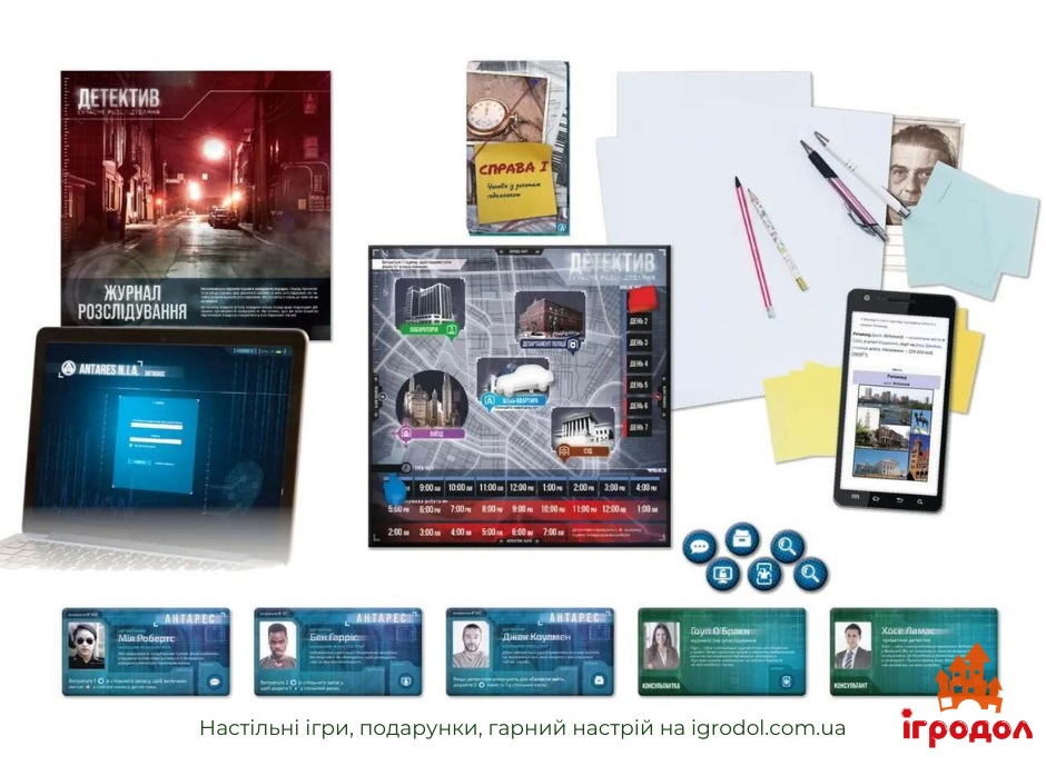 Гра Detective: A Modern Crime Board Game UA | Ігродол Настільна гра Детектив: Сучасне розслідування українською - зображення компонентів