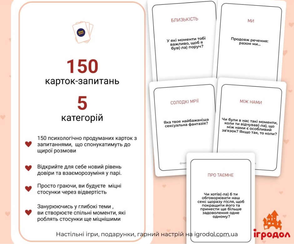 Гра Між нами: про любов 2.0 | Ігродол Настільна гра Між нами: про кохання 2.0 - зображення карток із запитаннями